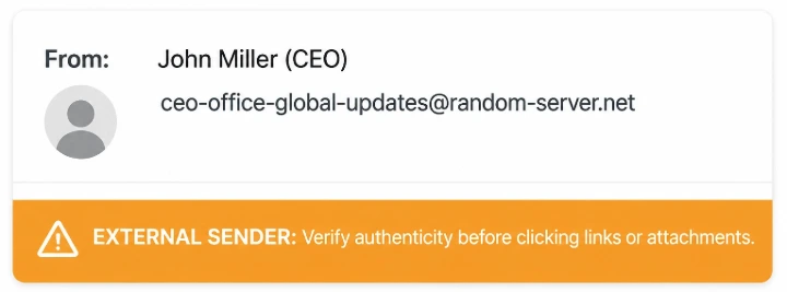 Example CEO spoofing email showing external sender warning