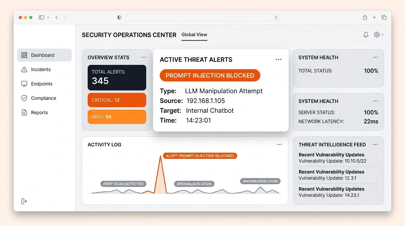 SOC dashboard showing AI activity monitoring and threat detection