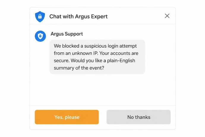 Live chat window with Argus cybersecurity technician ready to help