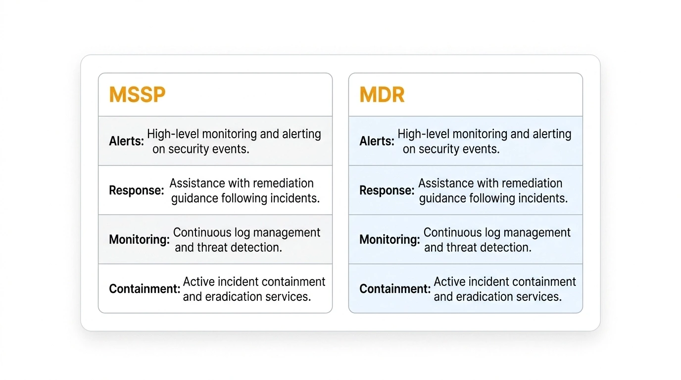 Side-by-side comparison of MSSP and MDR cybersecurity service features
